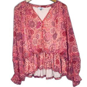 Fate Womens Macy Blouse Bohemian‎ Peplum Fairycore Pink Metallic Medium